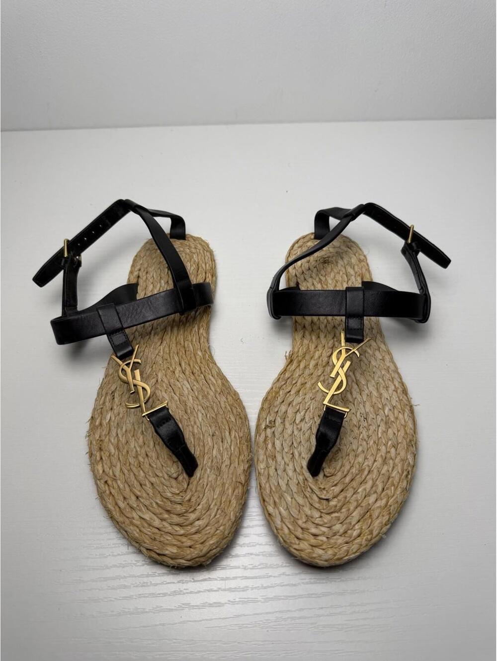 Saint Laurent YSL Espadrille Sandals Black Gold Sz 37 Leather